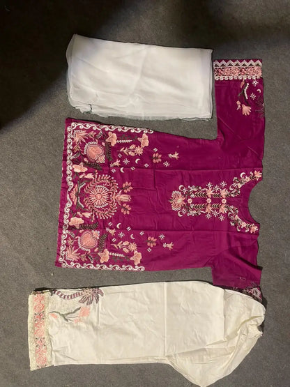 3 Pcs Women's Stitched Cotton Embroidered Suit - Magenta - image 4