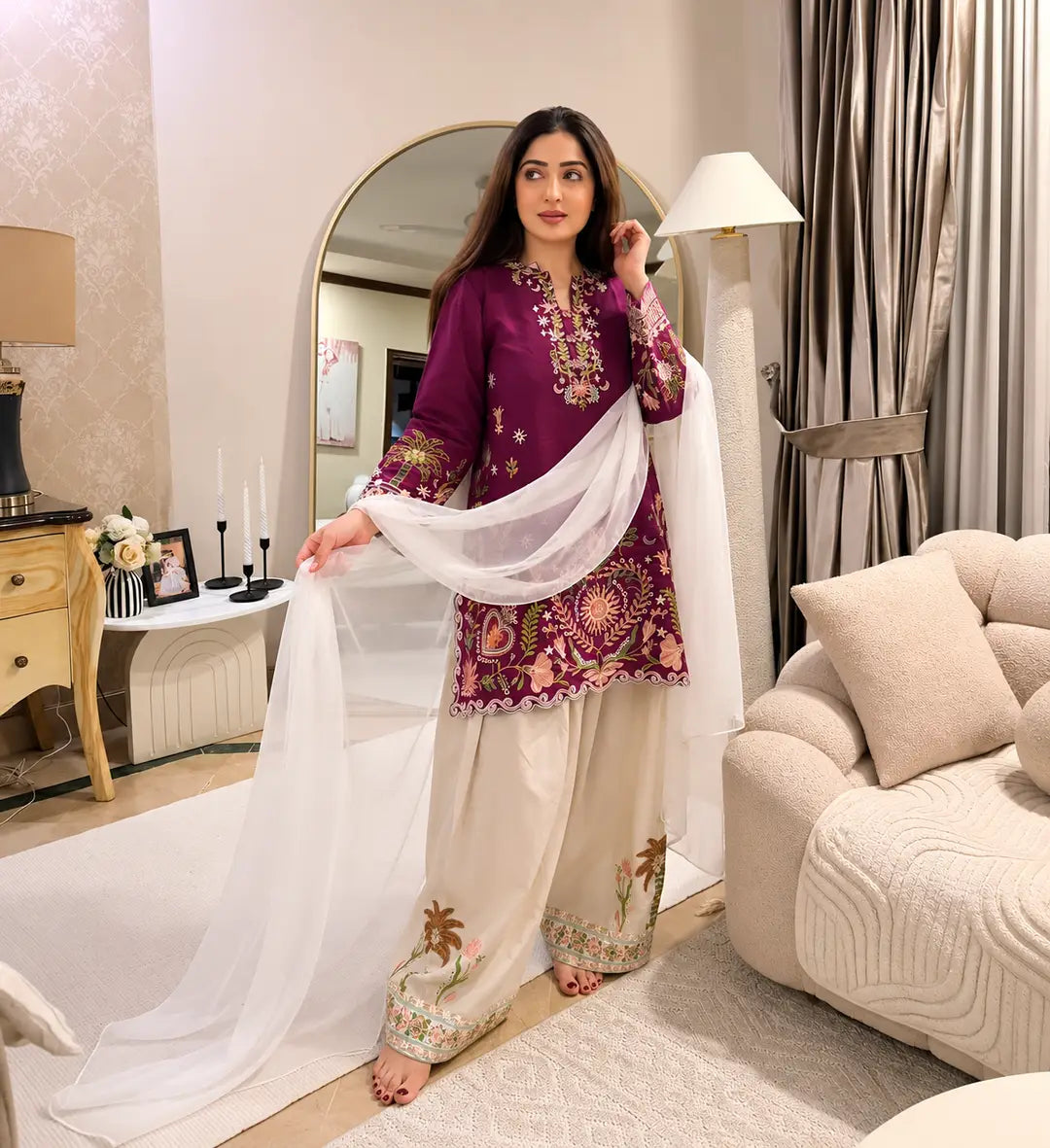 3 Pcs Women's Stitched Cotton Embroidered Suit - Magenta - image 5