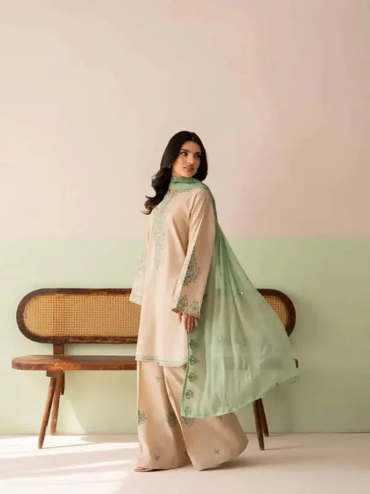 3 Pcs Women's Stitched Cotton Embroidered Suit - Beige - image 1