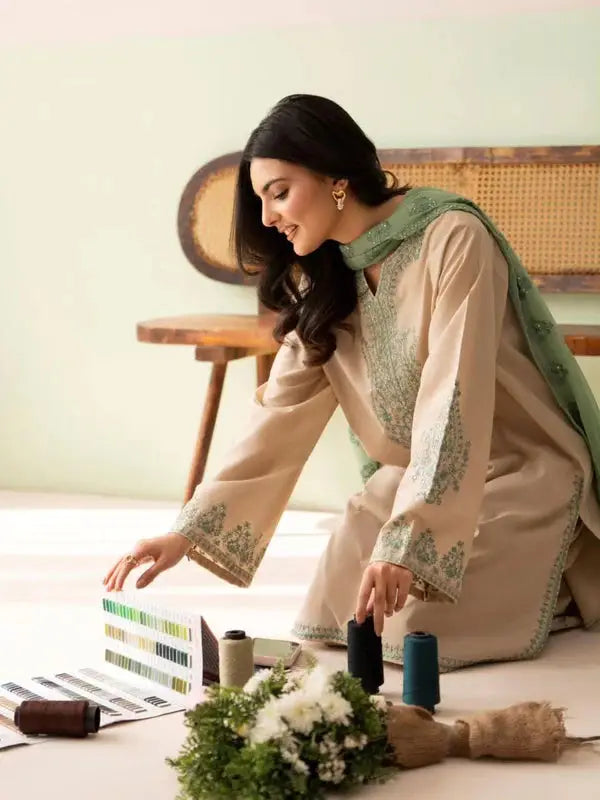 3 Pcs Women's Stitched Cotton Embroidered Suit - Beige - image 2