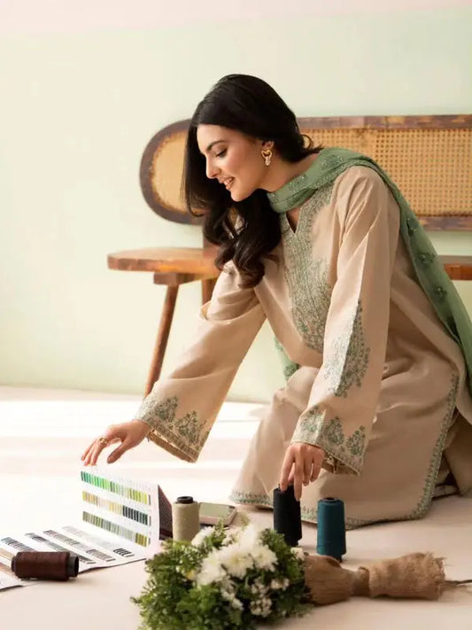 3 Pcs Women's Stitched Cotton Embroidered Suit - Beige - image 2