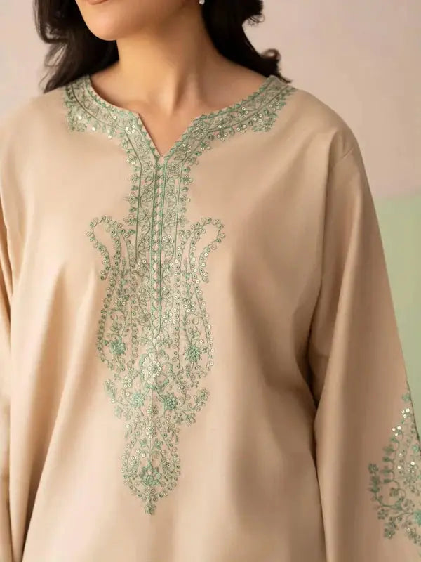 3 Pcs Women's Stitched Cotton Embroidered Suit - Beige - image 3