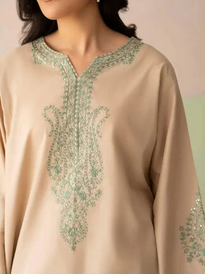 3 Pcs Women's Stitched Cotton Embroidered Suit - Beige - image 3