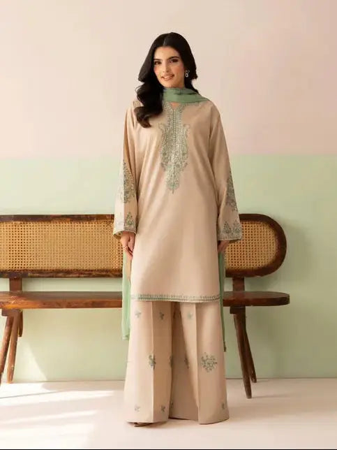 3 Pcs Women's Stitched Cotton Embroidered Suit - Beige - image 4