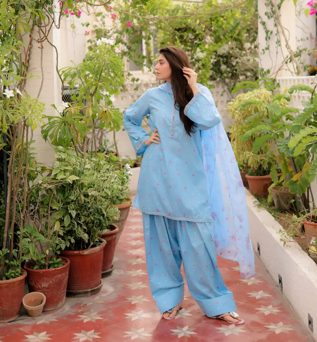 3 Pcs Women's Stitched Cotton Embroidered Suit - Blue - Design 1 - image 1