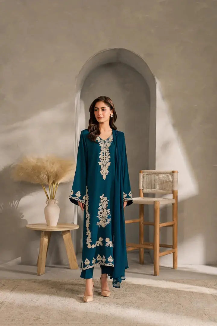 3 Pcs Women's Stitched Linen Embroidered Suit - Blue - Design 1 - image 1