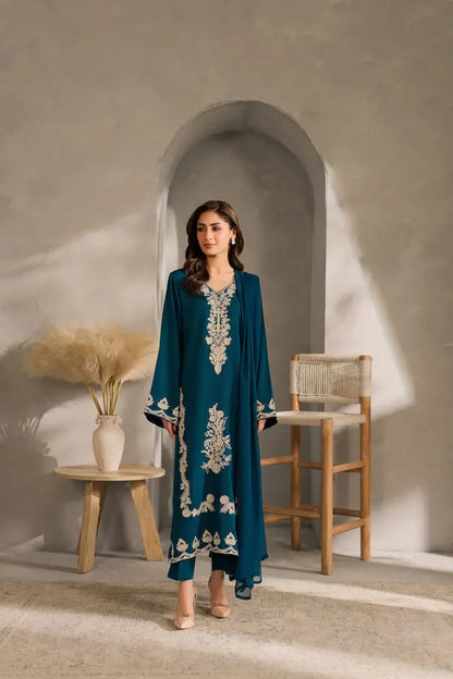 3 Pcs Women's Stitched Linen Embroidered Suit - Blue - Design 1 - image 1