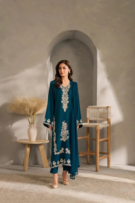 3 Pcs Women's Stitched Linen Embroidered Suit - Blue - Design 1 - image 1