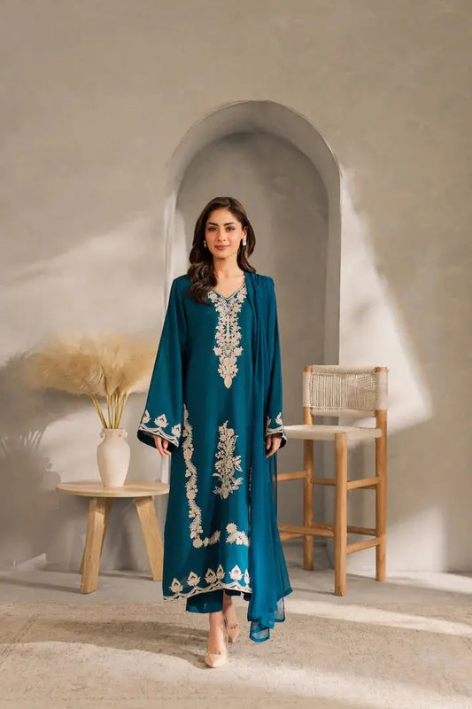 3 Pcs Women's Stitched Linen Embroidered Suit - Blue - Design 1 - image 2