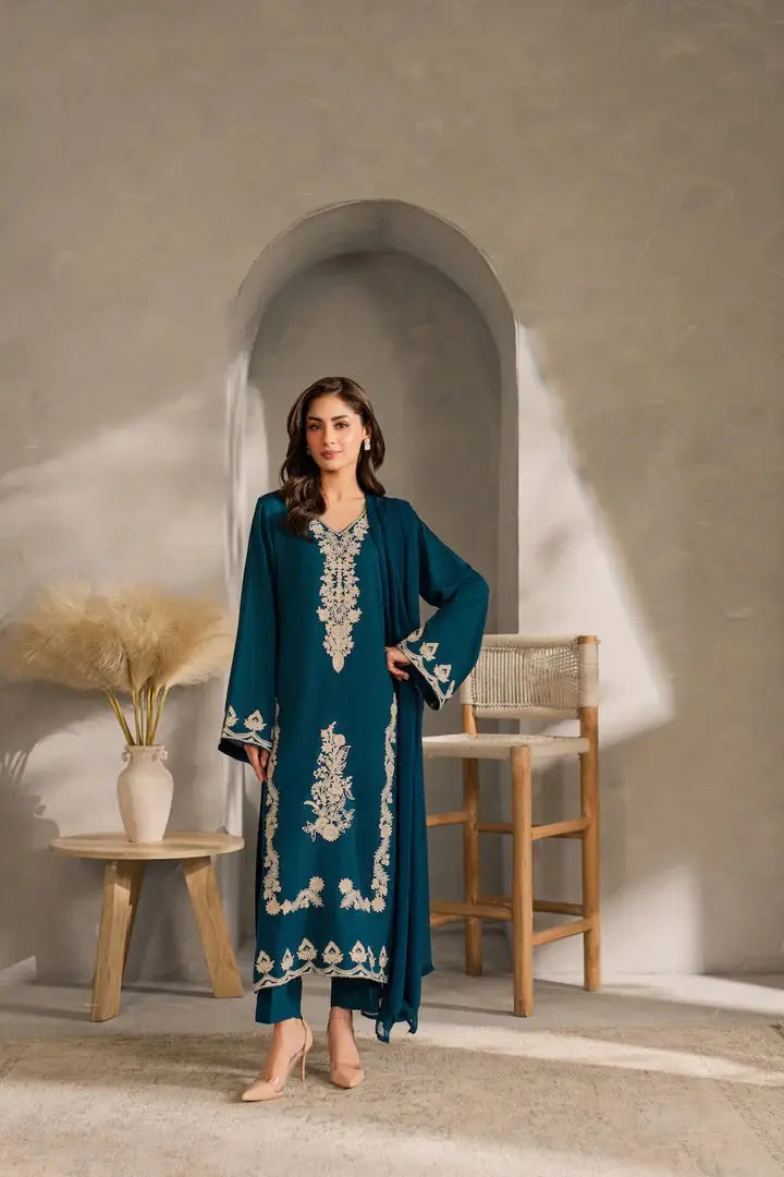 3 Pcs Women's Stitched Linen Embroidered Suit - Blue - Design 1 - image 3