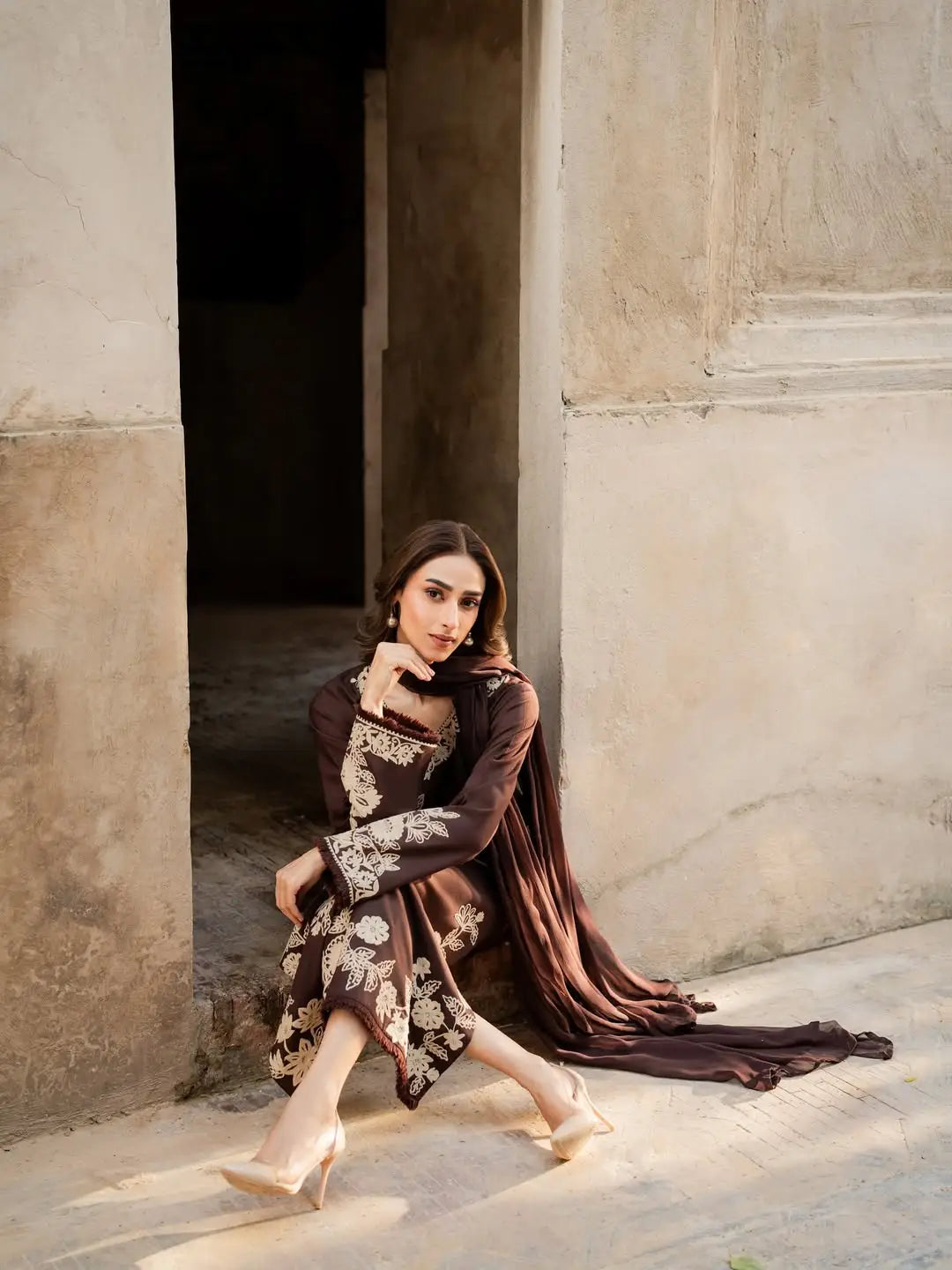 3 Pcs Women's Stitched Linen Embroidered Suit - Brown - image 1