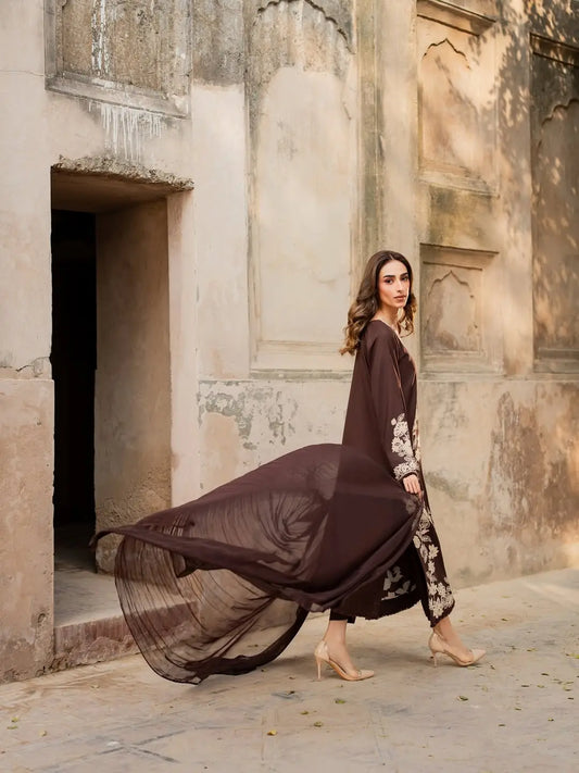 3 Pcs Women's Stitched Linen Embroidered Suit - Brown - image 2