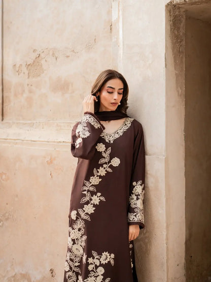 3 Pcs Women's Stitched Linen Embroidered Suit - Brown - image 3