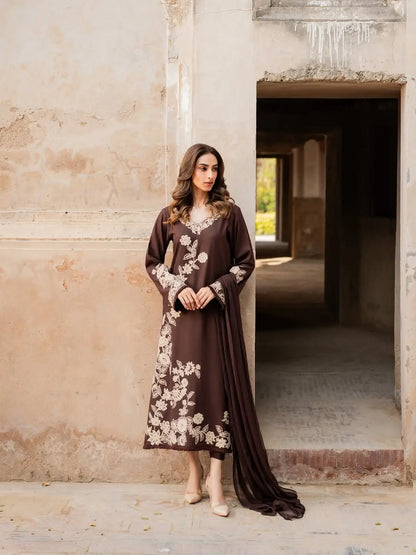 3 Pcs Women's Stitched Linen Embroidered Suit - Brown - image 4