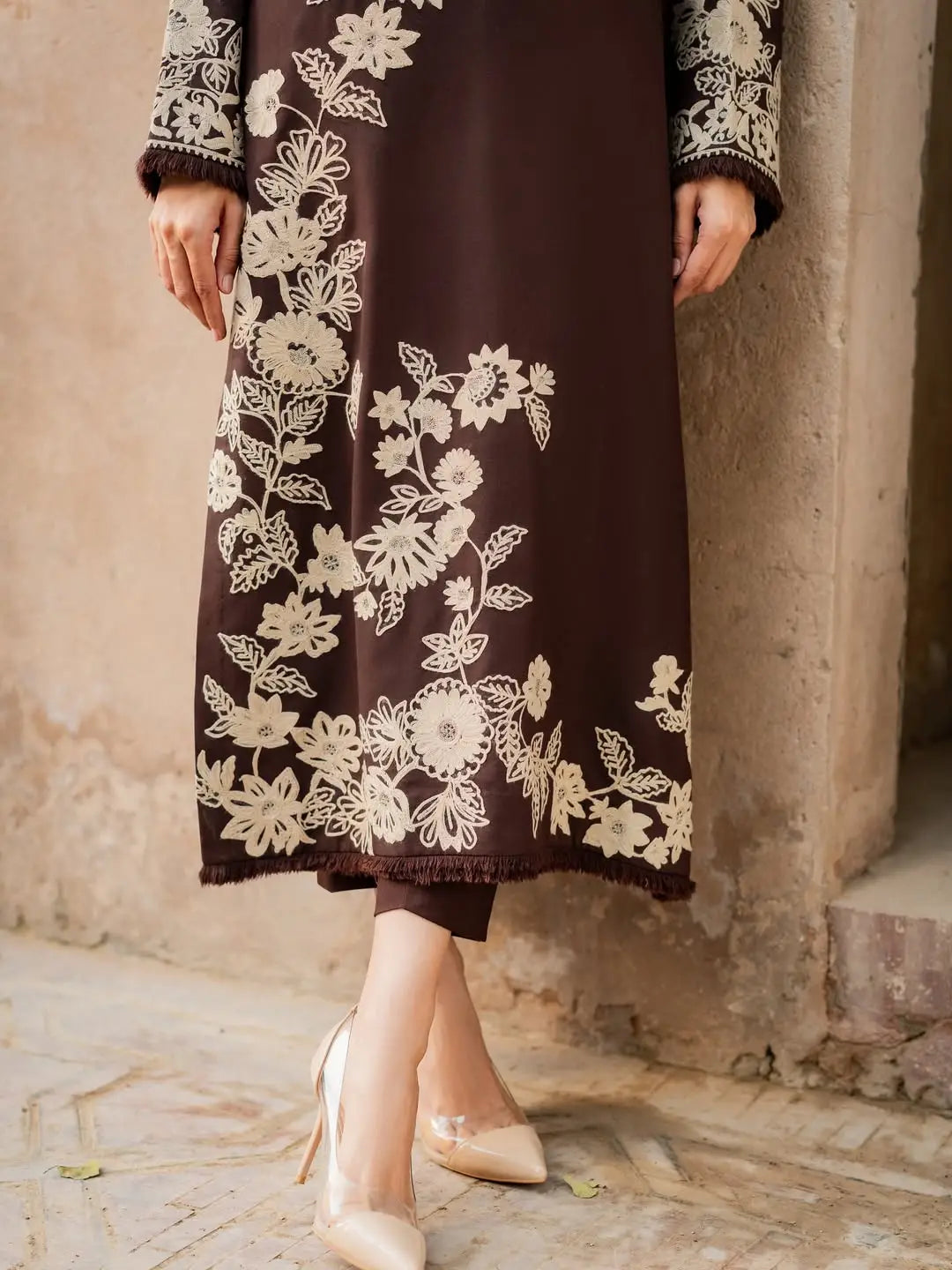 3 Pcs Women's Stitched Linen Embroidered Suit - Brown - image 5