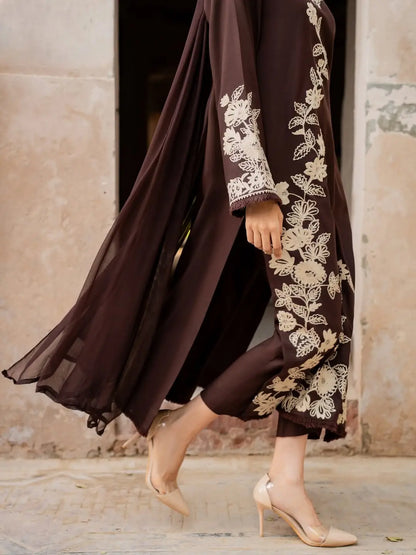 3 Pcs Women's Stitched Linen Embroidered Suit - Brown - image 6