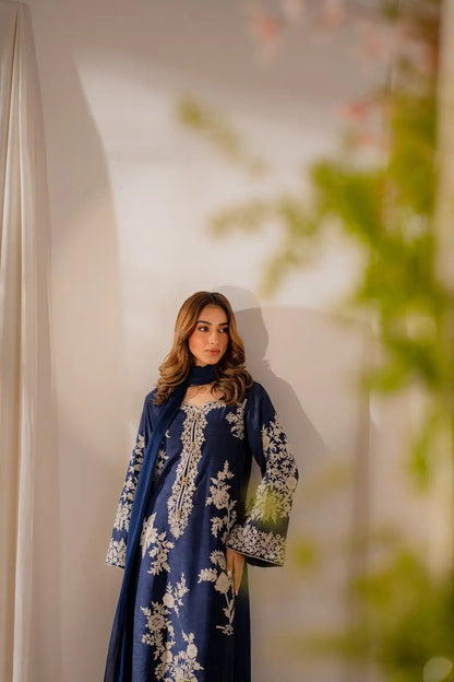 3 Pcs Women's Stitched Linen Embroidered Suit - Blue - Design 2 - image 8