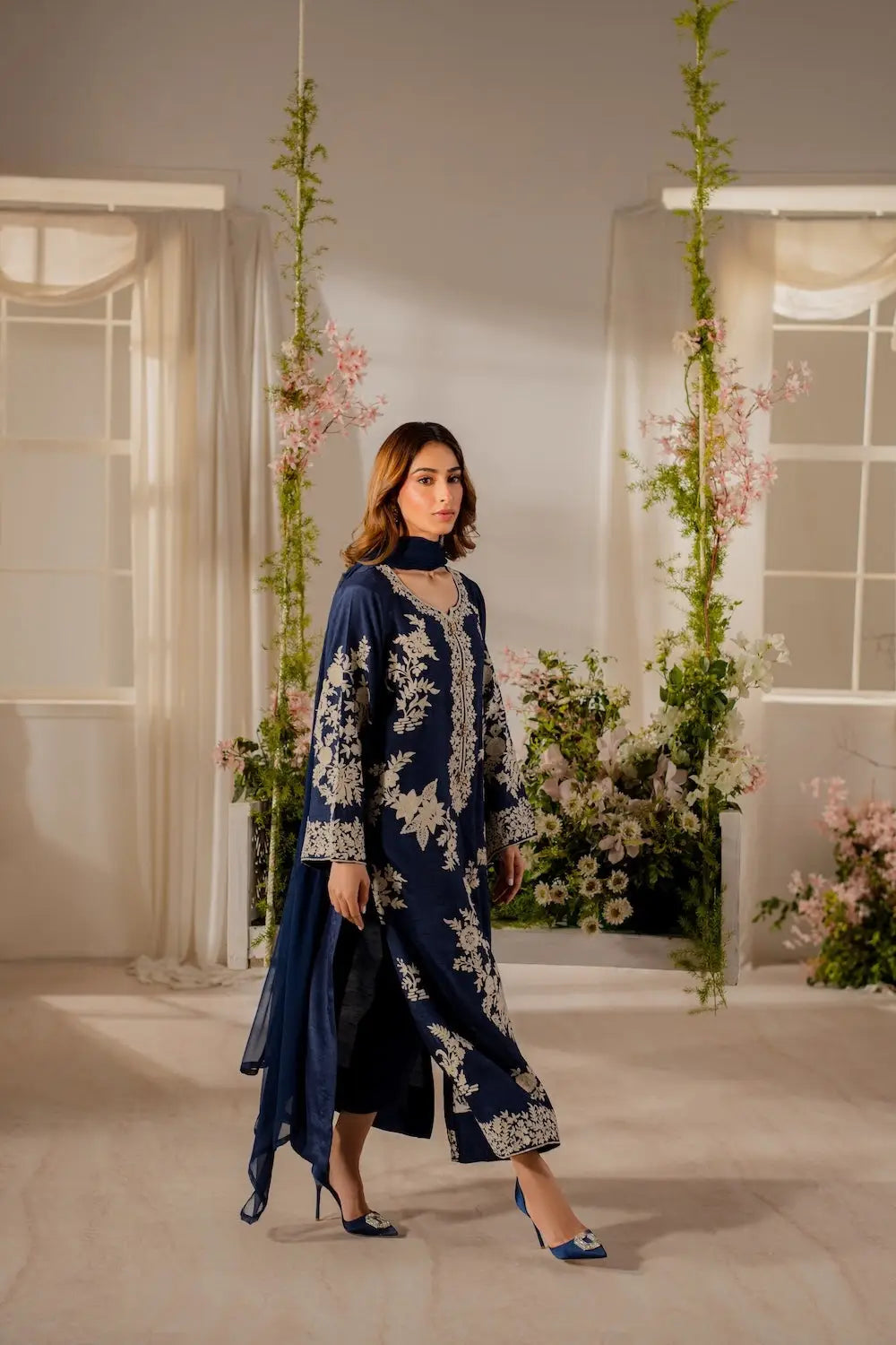 3 Pcs Women's Stitched Linen Embroidered Suit - Blue - Design 2 - image 5