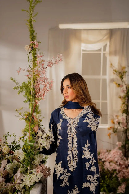 3 Pcs Women's Stitched Linen Embroidered Suit - Blue - Design 2 - image 4