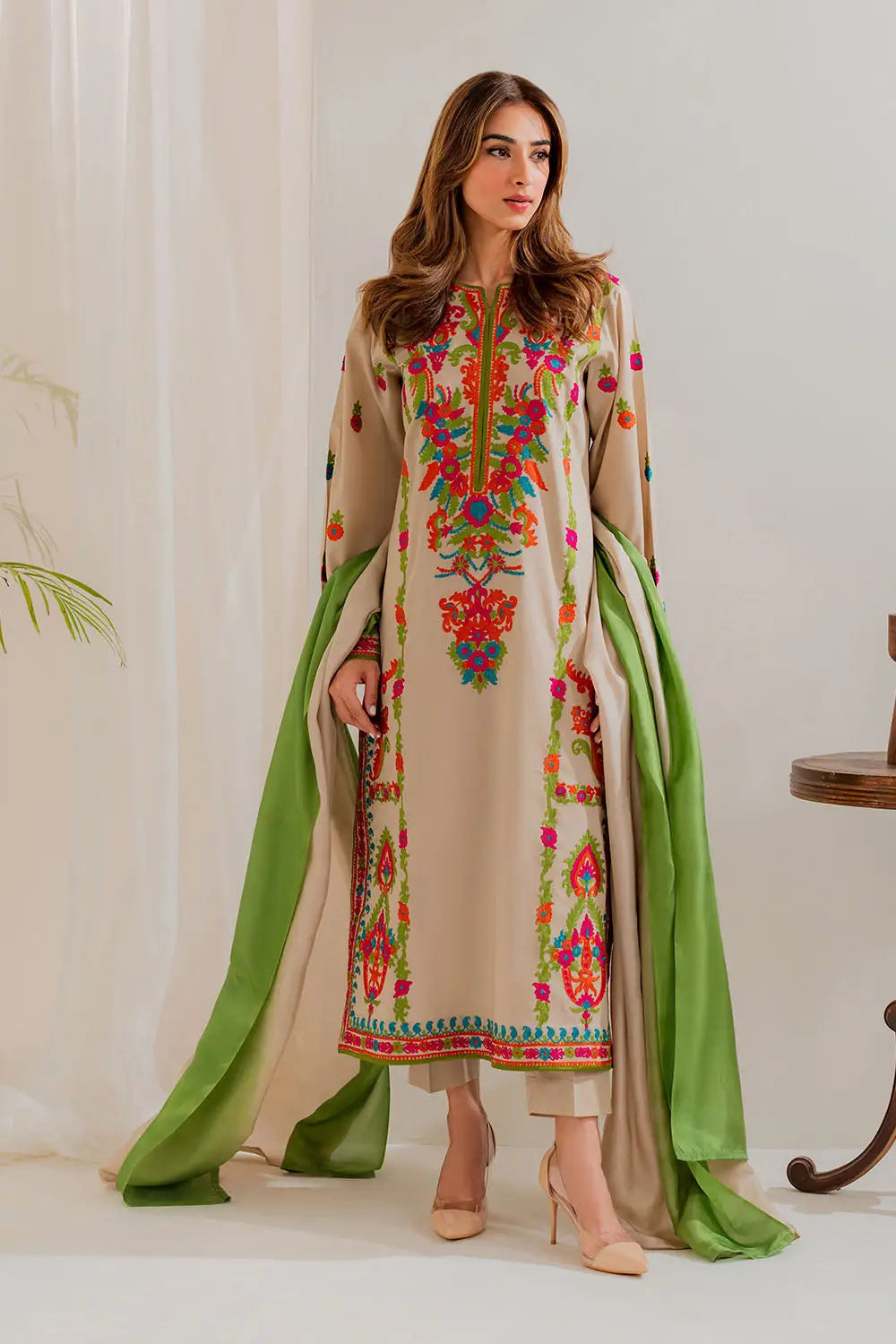 3 Pcs Women's Stitched Linen Embroidered Suit - Beige - Design 1 - image 1