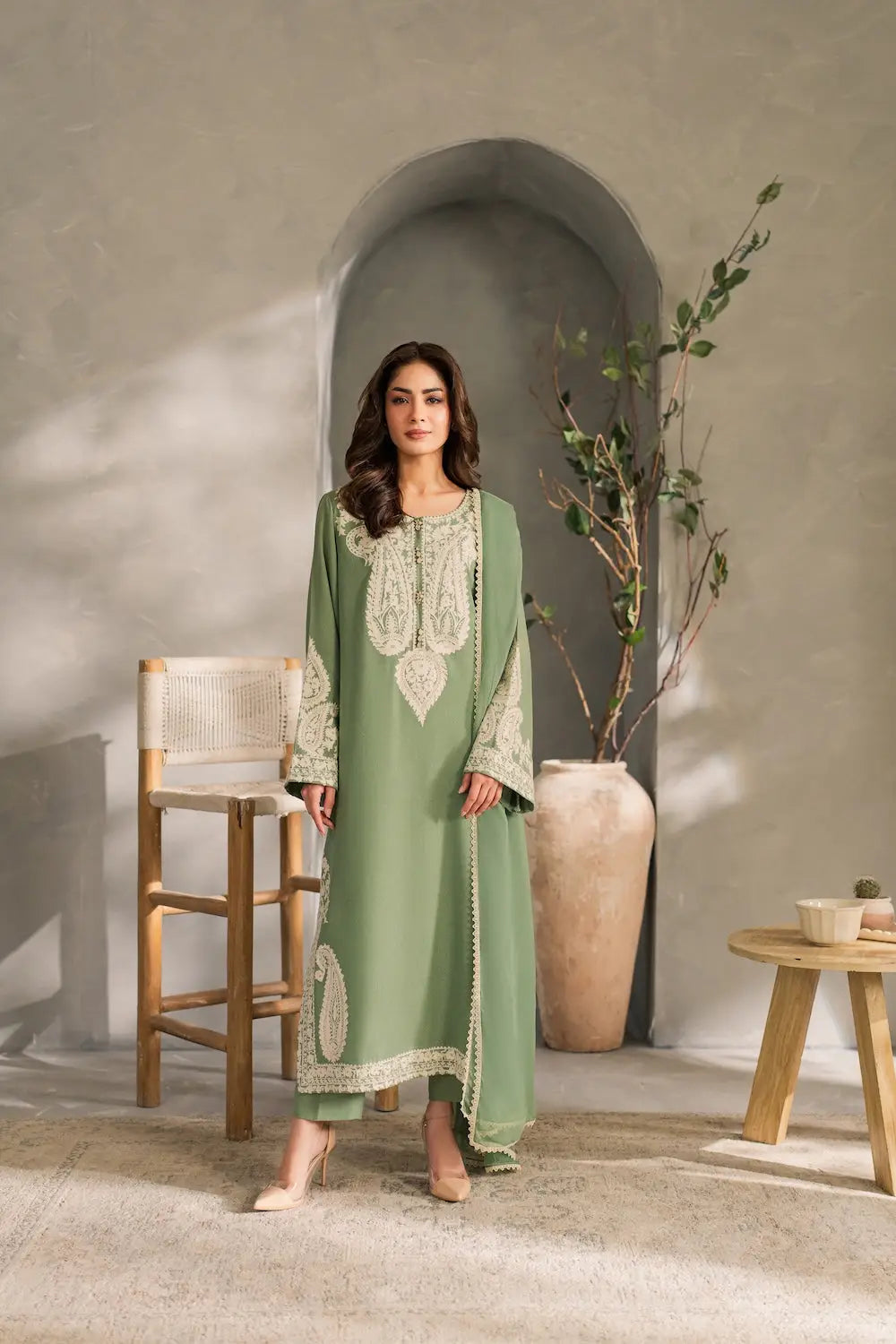3 Pcs Women's Stitched Linen Embroidered Suit - Green - Design 2 - image 1