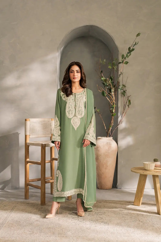 3 Pcs Women's Stitched Linen Embroidered Suit - Green - Design 2 - image 1