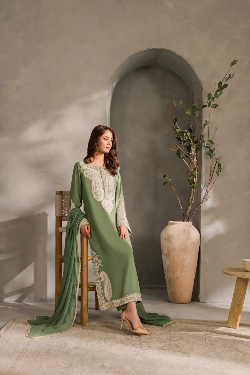 3 Pcs Women's Stitched Linen Embroidered Suit - Green - Design 2 - image 2