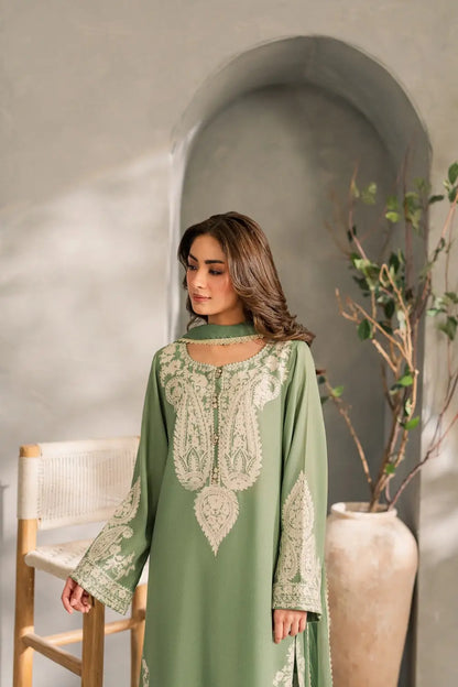 3 Pcs Women's Stitched Linen Embroidered Suit - Green - Design 2 - image 3