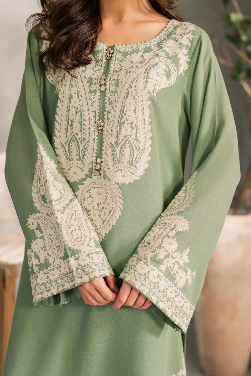 3 Pcs Women's Stitched Linen Embroidered Suit - Green - Design 2 - image 4