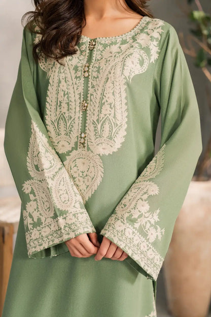 3 Pcs Women's Stitched Linen Embroidered Suit - Green - Design 2 - image 4