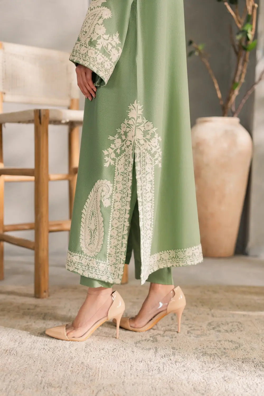 3 Pcs Women's Stitched Linen Embroidered Suit - Green - Design 2 - image 5