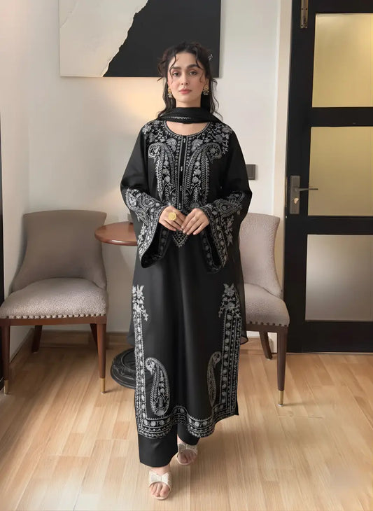 3 Pcs Women's Stitched Linen Embroidered Suit - Black - image 1