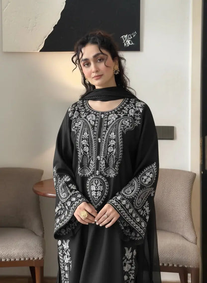 3 Pcs Women's Stitched Linen Embroidered Suit - Black - image 2