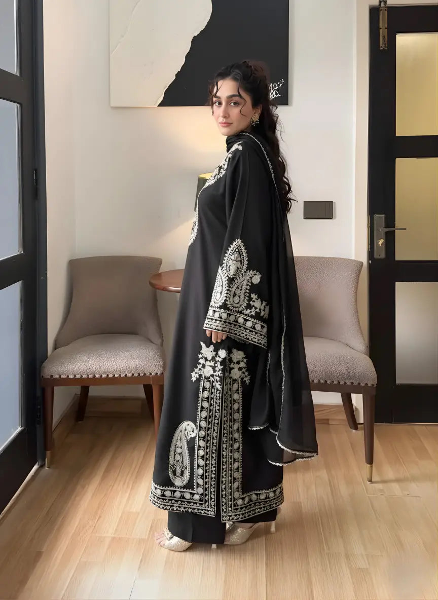 3 Pcs Women's Stitched Linen Embroidered Suit - Black - image 3