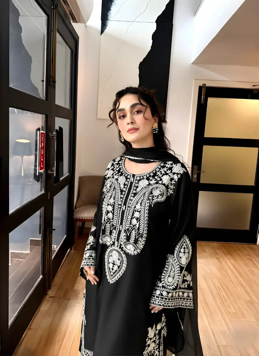 3 Pcs Women's Stitched Linen Embroidered Suit - Black - image 4