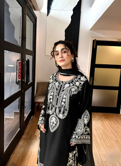 3 Pcs Women's Stitched Linen Embroidered Suit - Black - image 4