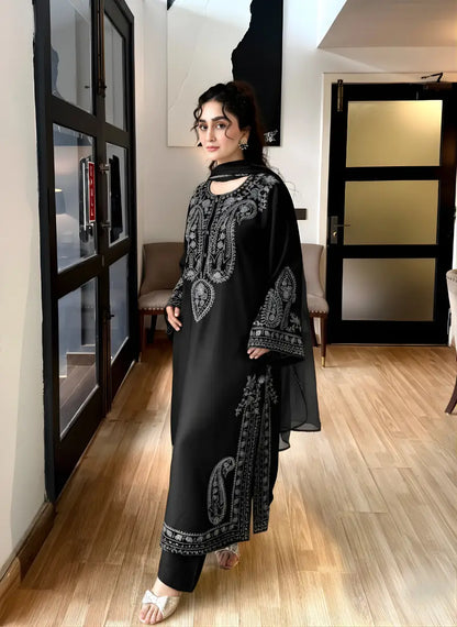 3 Pcs Women's Stitched Linen Embroidered Suit - Black - image 5