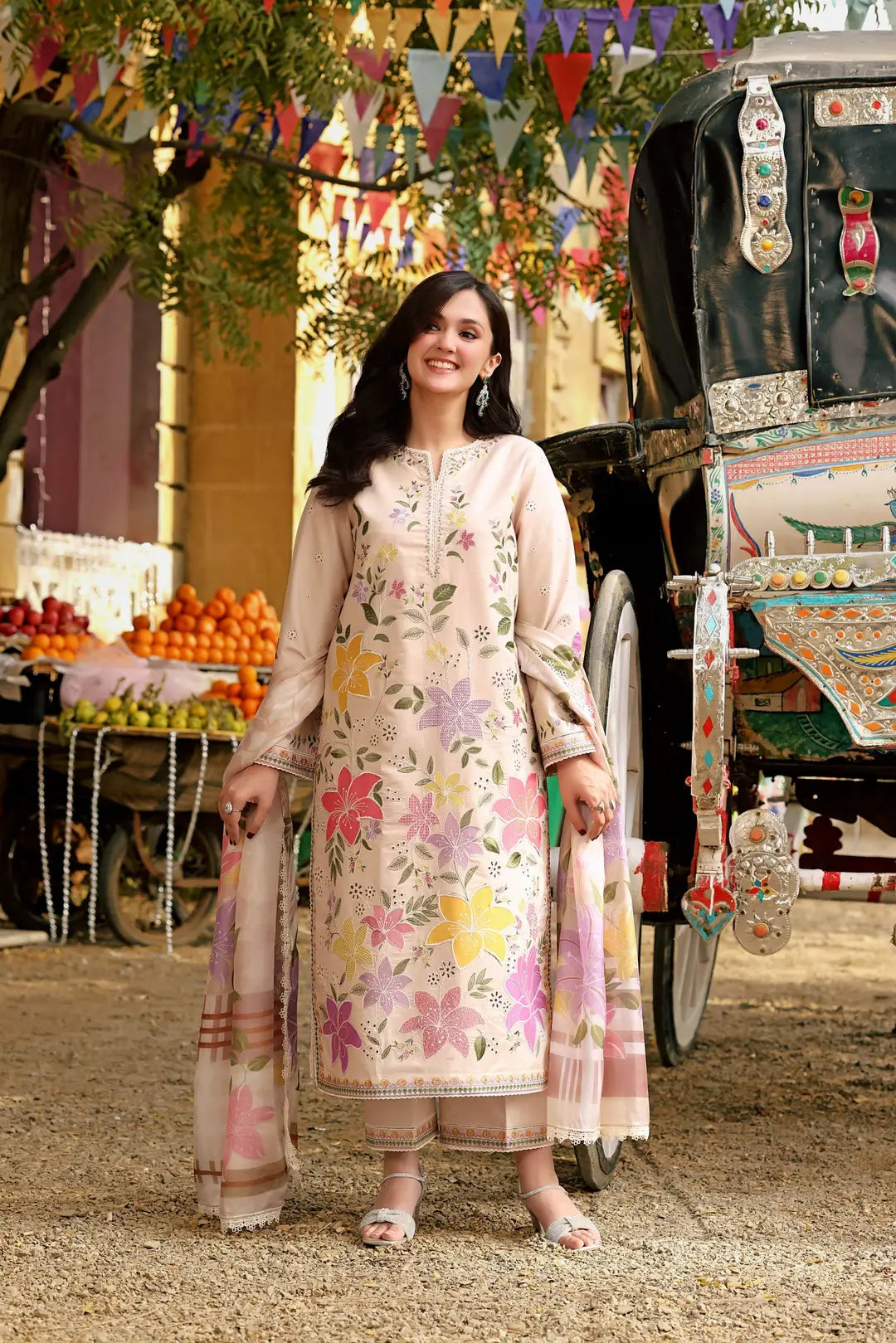 3 Pcs Women's Stitched Linen Embroidered Suit - Beige - Design 2 - image 1