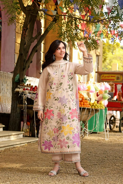 3 Pcs Women's Stitched Linen Embroidered Suit - Beige - Design 2 - image 2