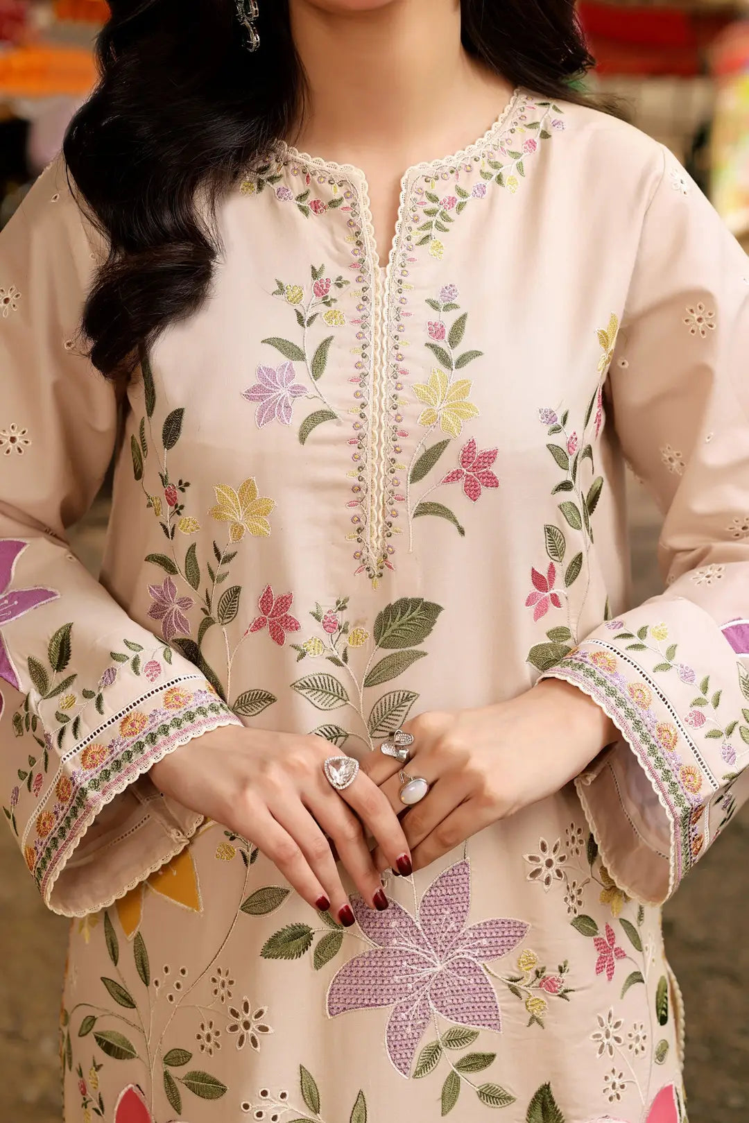 3 Pcs Women's Stitched Linen Embroidered Suit - Beige - Design 2 - image 3