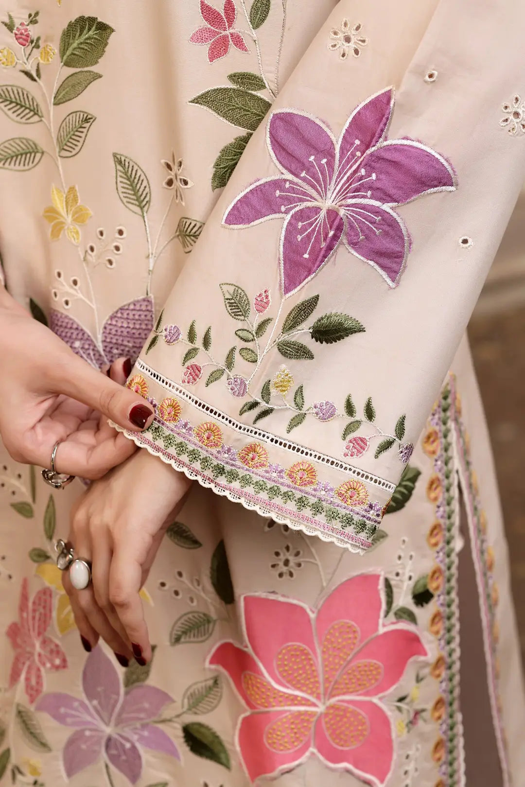 3 Pcs Women's Stitched Linen Embroidered Suit - Beige - Design 2 - image 4