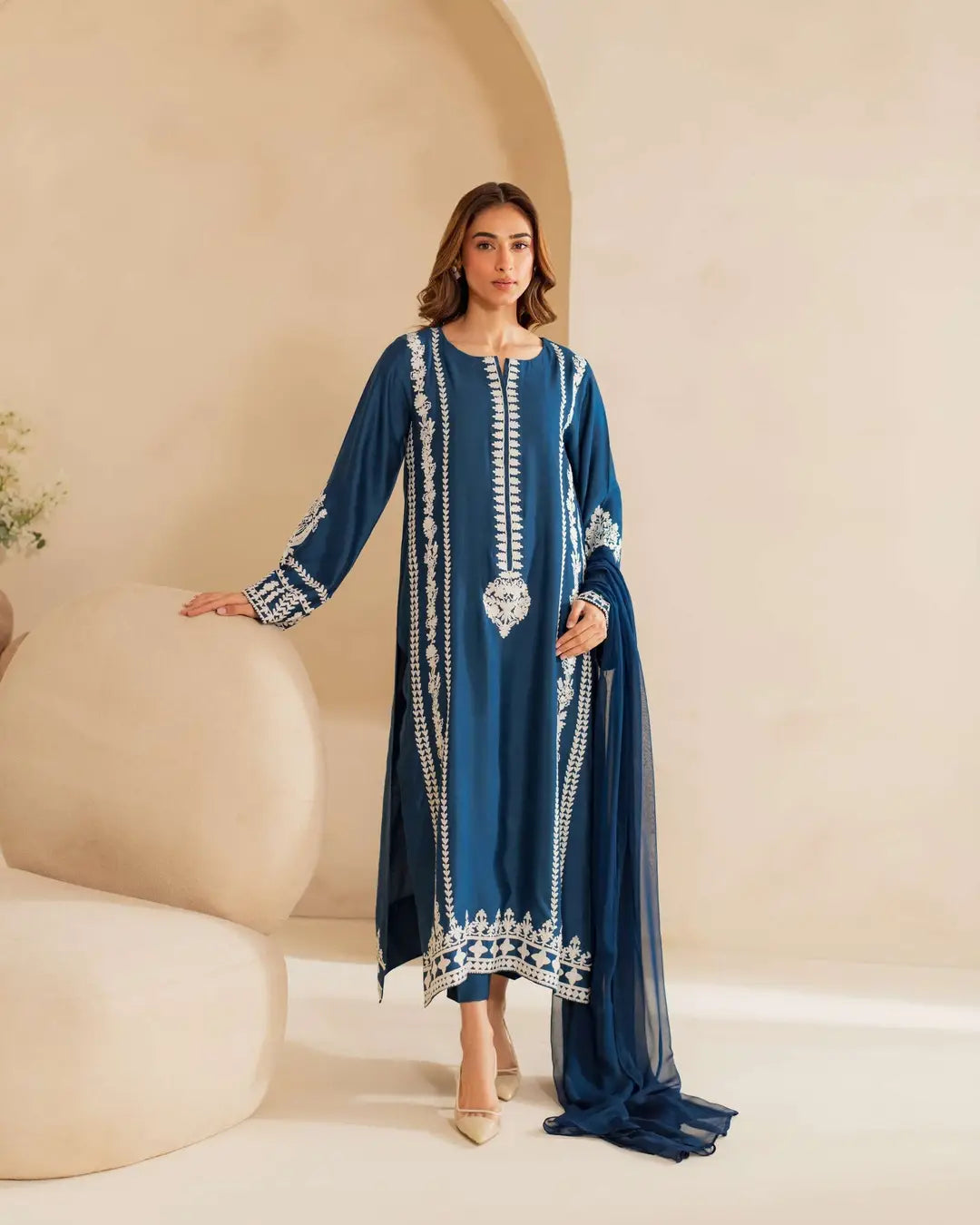 3 Pcs Women's Stitched Linen Embroidered Suit - Blue - Design 3 - image 1