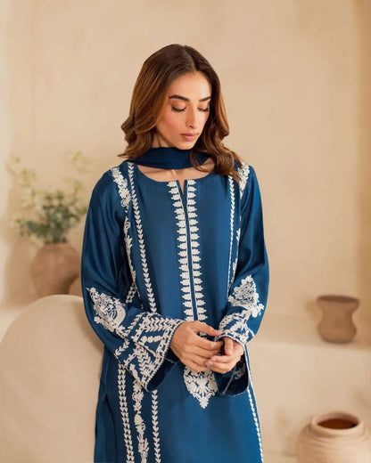 3 Pcs Women's Stitched Linen Embroidered Suit - Blue - Design 3 - image 3