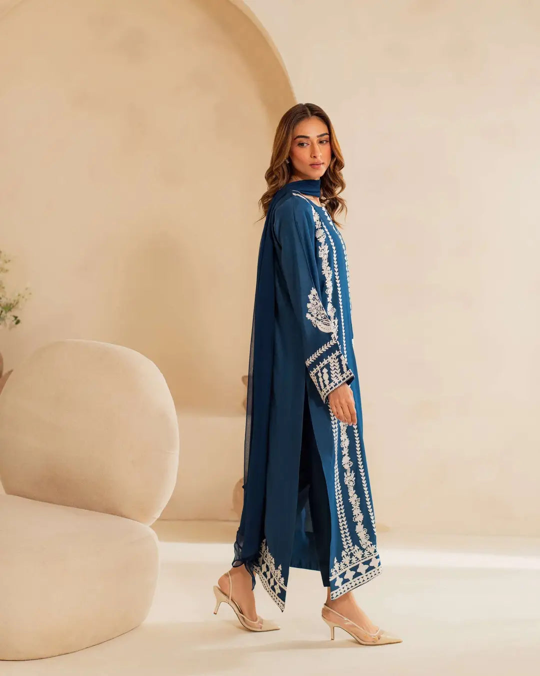 3 Pcs Women's Stitched Linen Embroidered Suit - Blue - Design 3 - image 4