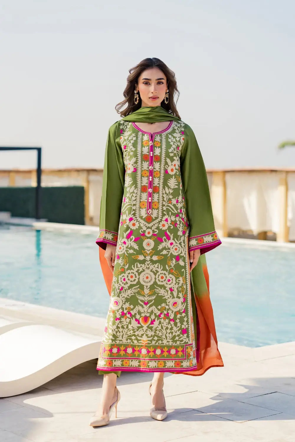 3 Pcs Women's Stitched Linen Embroidered Suit - Green - Design 3 - image 1