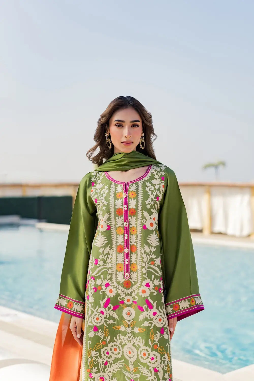 3 Pcs Women's Stitched Linen Embroidered Suit - Green - Design 3 - image 2