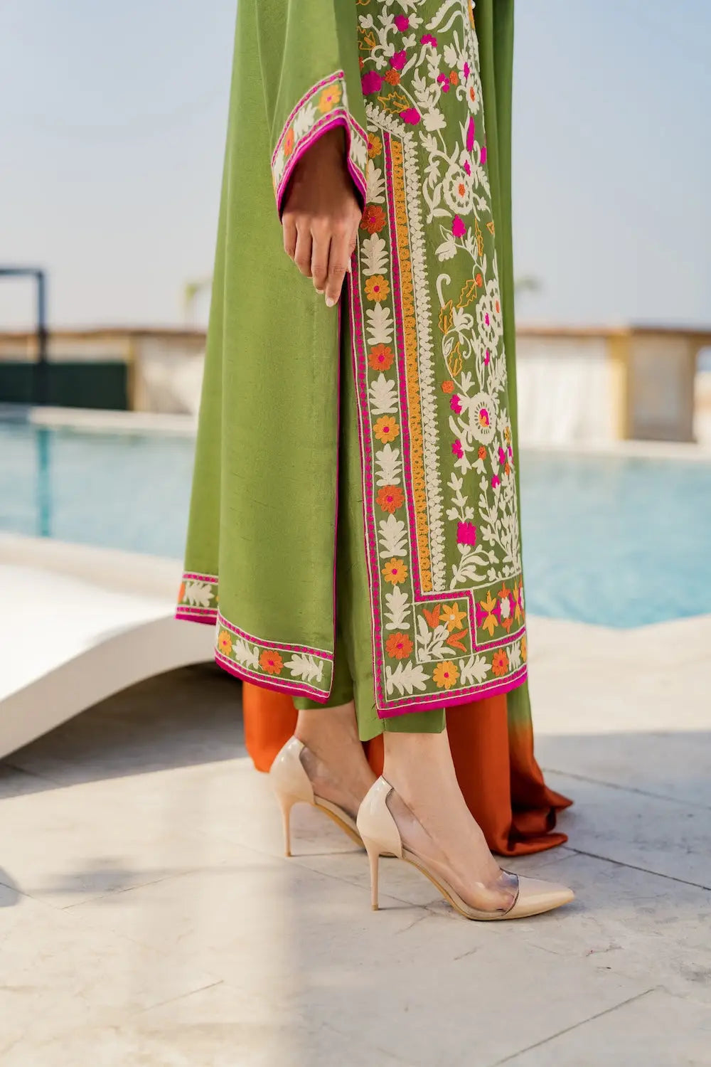 3 Pcs Women's Stitched Linen Embroidered Suit - Green - Design 3 - image 3