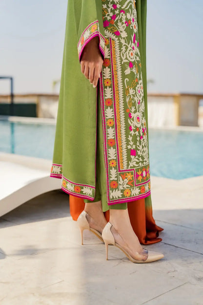3 Pcs Women's Stitched Linen Embroidered Suit - Green - Design 3 - image 3