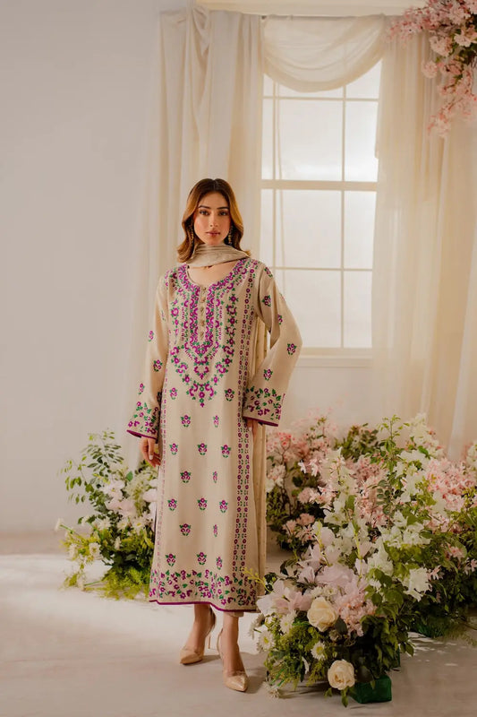 3 Pcs Women's Stitched Linen Embroidered Suit - Beige - Design 3 - image 1