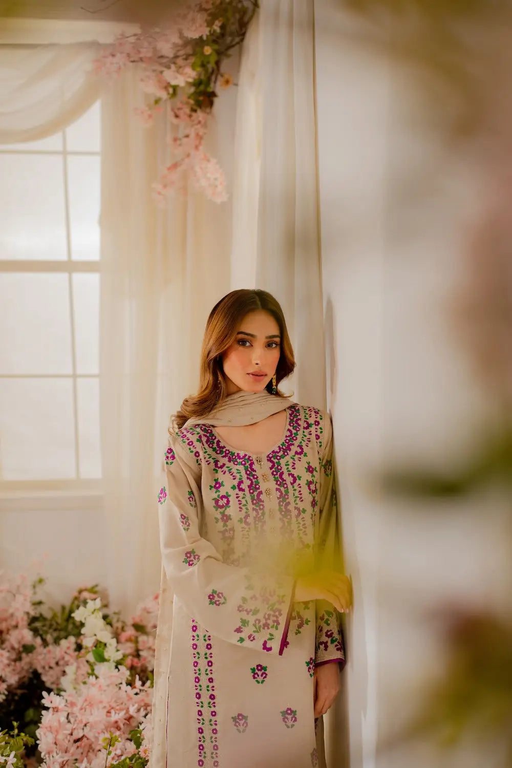 3 Pcs Women's Stitched Linen Embroidered Suit - Beige - Design 3 - image 2
